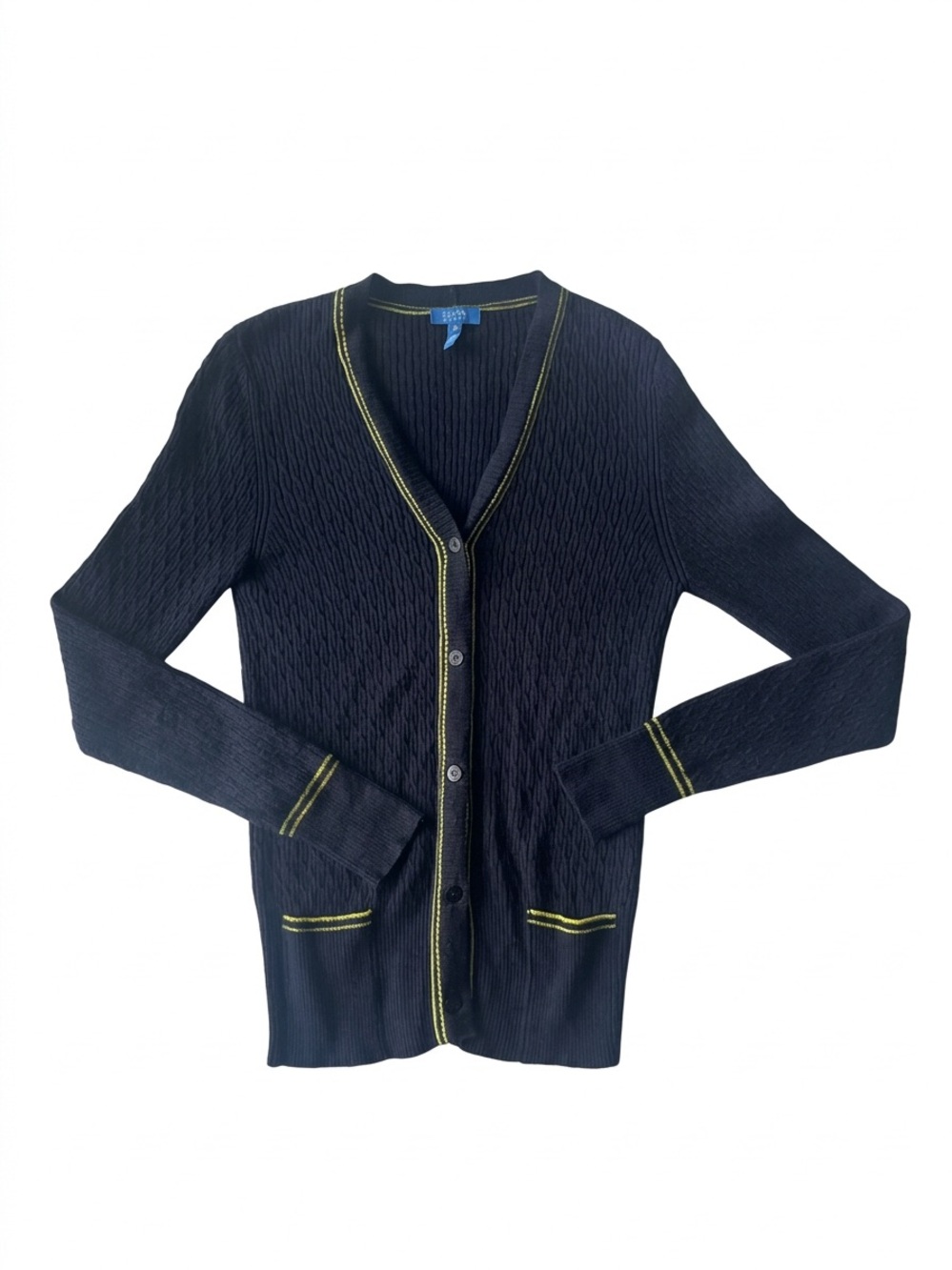 Vintage Y2K Escada Sport Merino Wool Cotton Knit Cardigan Navy Yellow Size S